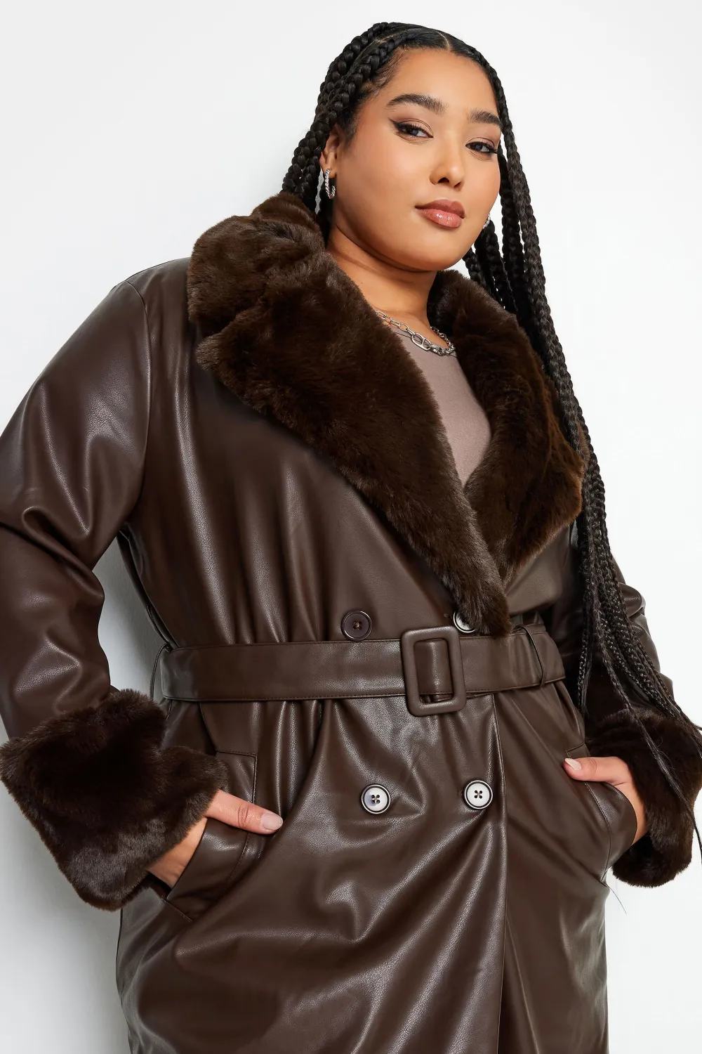 YOURS Curve Brown Faux Fur Trim Trench Coat