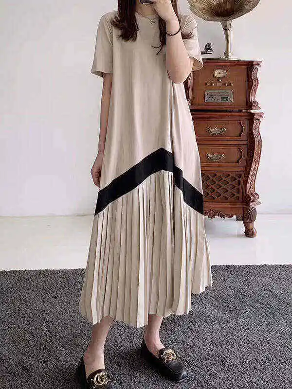 Original Pleated Splicing Loose Short Sleeve Round-Neck Dress