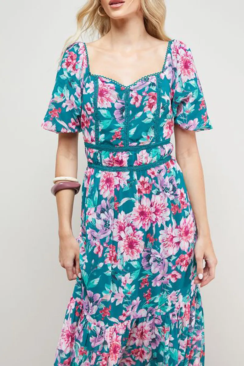 Daily Lace Trim Puff Sleeve Dress