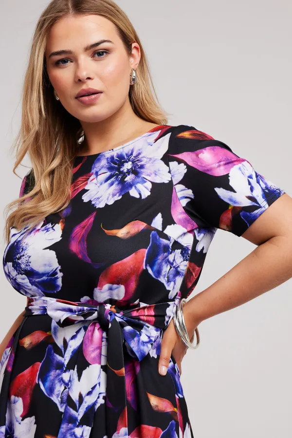 YOURS LONDON Curve Black Floral Print Skater Dress