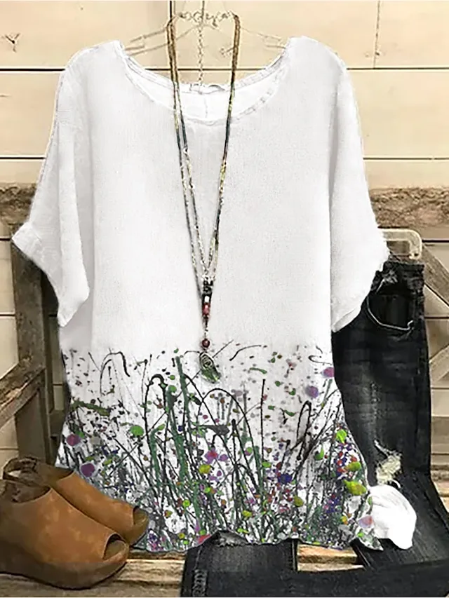Women's Shirt Blouse Floral Scenery Abstract White Pink Blue Print Short Sleeve Daily Basic Casual Crew Neck Regular Fit Dolman Sleeve Summer Spring