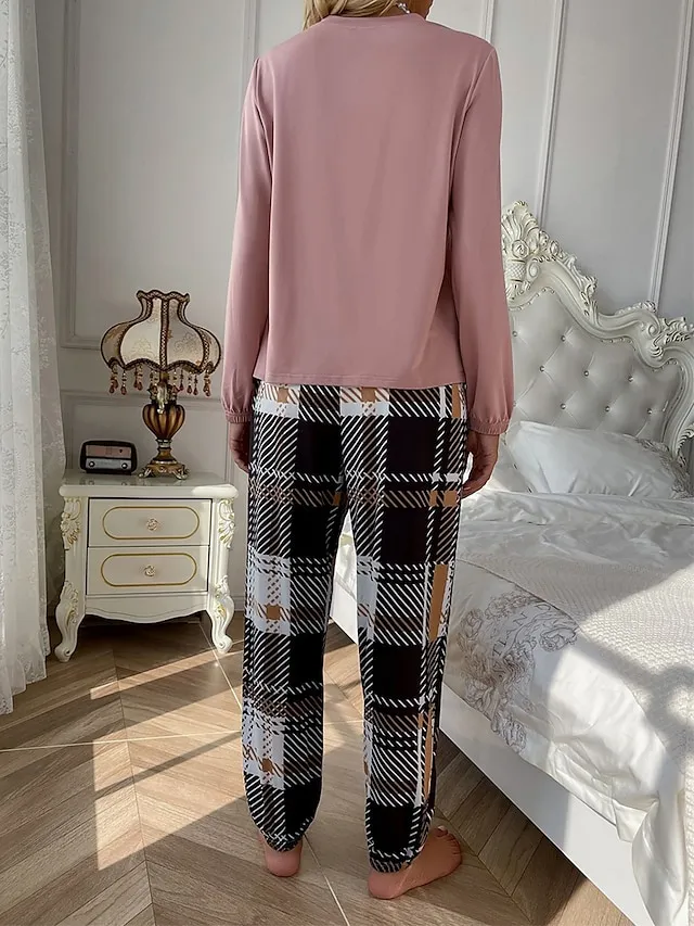 Women's Loungewear Sets Heart Grid / Plaid Simple Casual Comfort Home Daily Bed Polyester Breathable Crew Neck Long Sleeve T shirt Tee Pant Fall Winter Lotus Pink