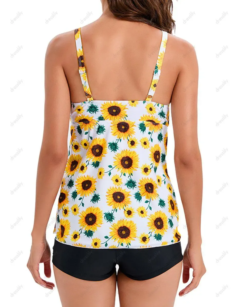 Modest Tankini Swimsuit Sunflower Print Bathing Suit Layered Bowknot Boyshorts Summer Beach Swimwear
