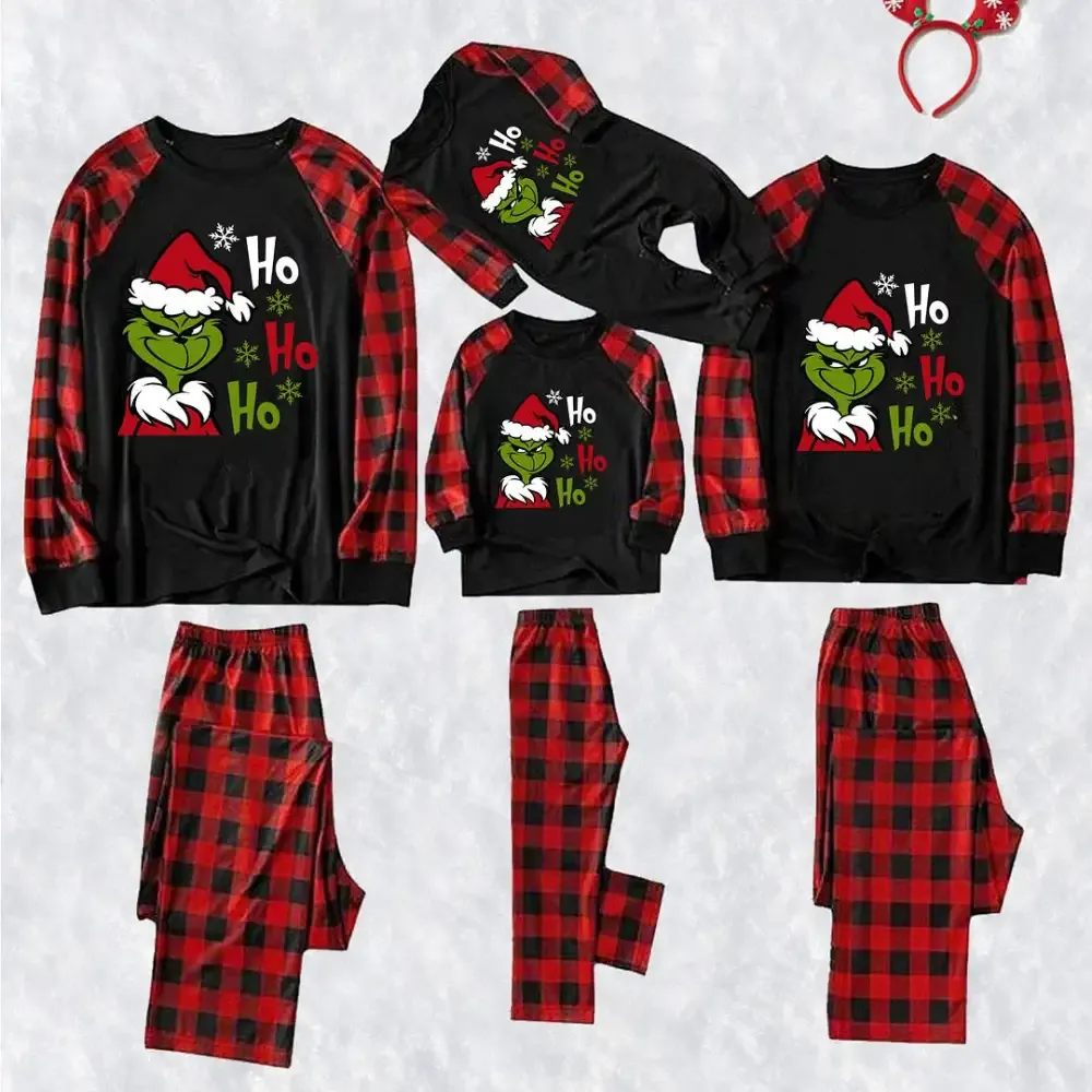 Santa 'Ho Ho Ho' Print Cartoon Family Matching Raglan Long Sleeve Pajamas Sets