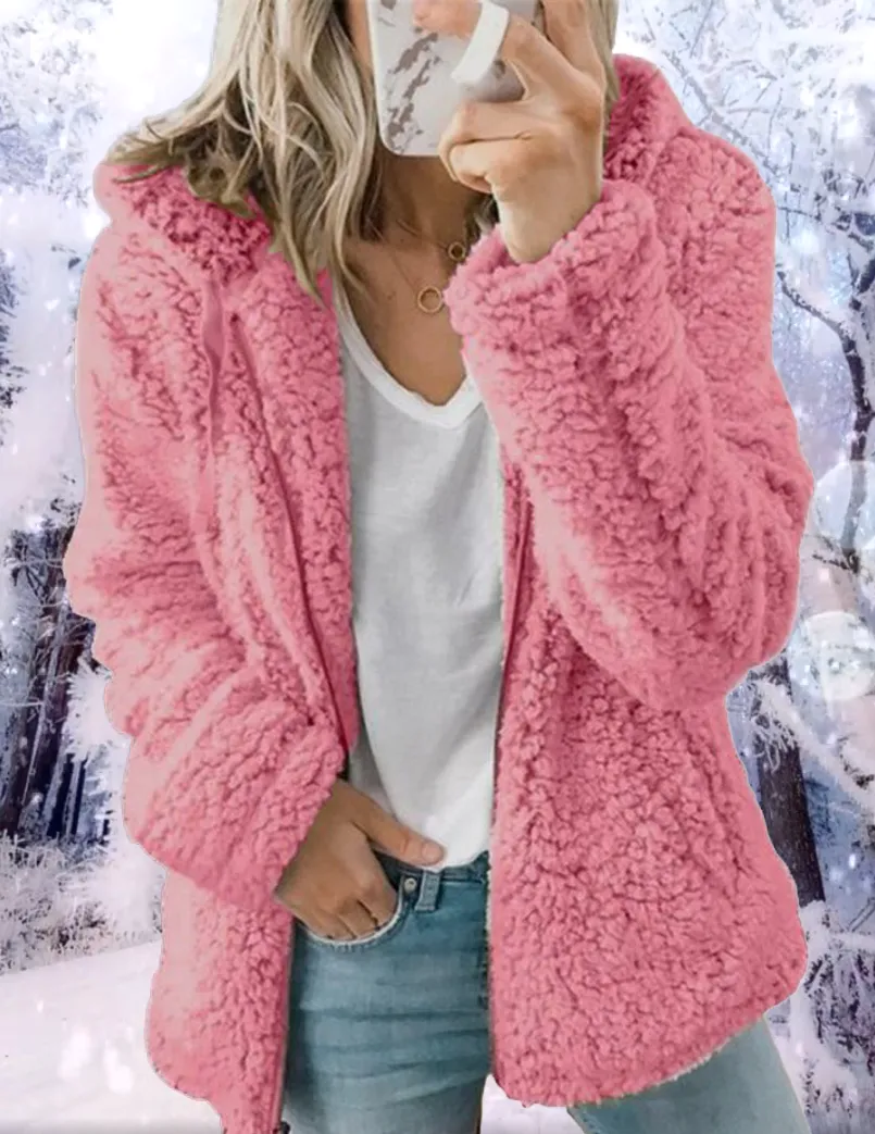 Solid Plush Hooded Zipper Coat