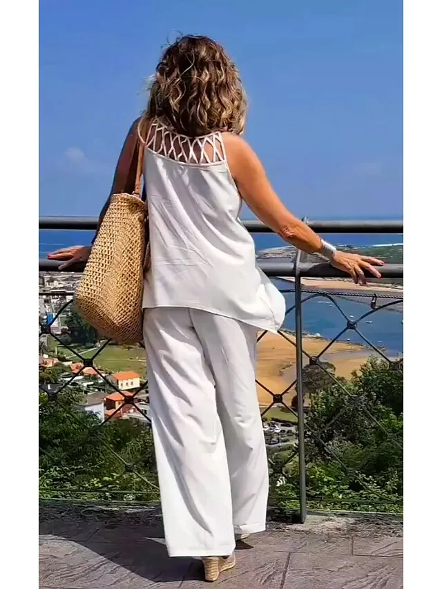 Women's Sets 2 Pieces Flower Comfort Home Cotton Blend Comfort Halter Sleeveless Hole Summer Spring Lake blue Black