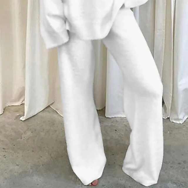 Women's Fleece Lounge Sets 2 Pieces Solid Color Fluffy Fuzzy Warm Pajama V Neck Long Sleeve for Fall Winter White S 3XL