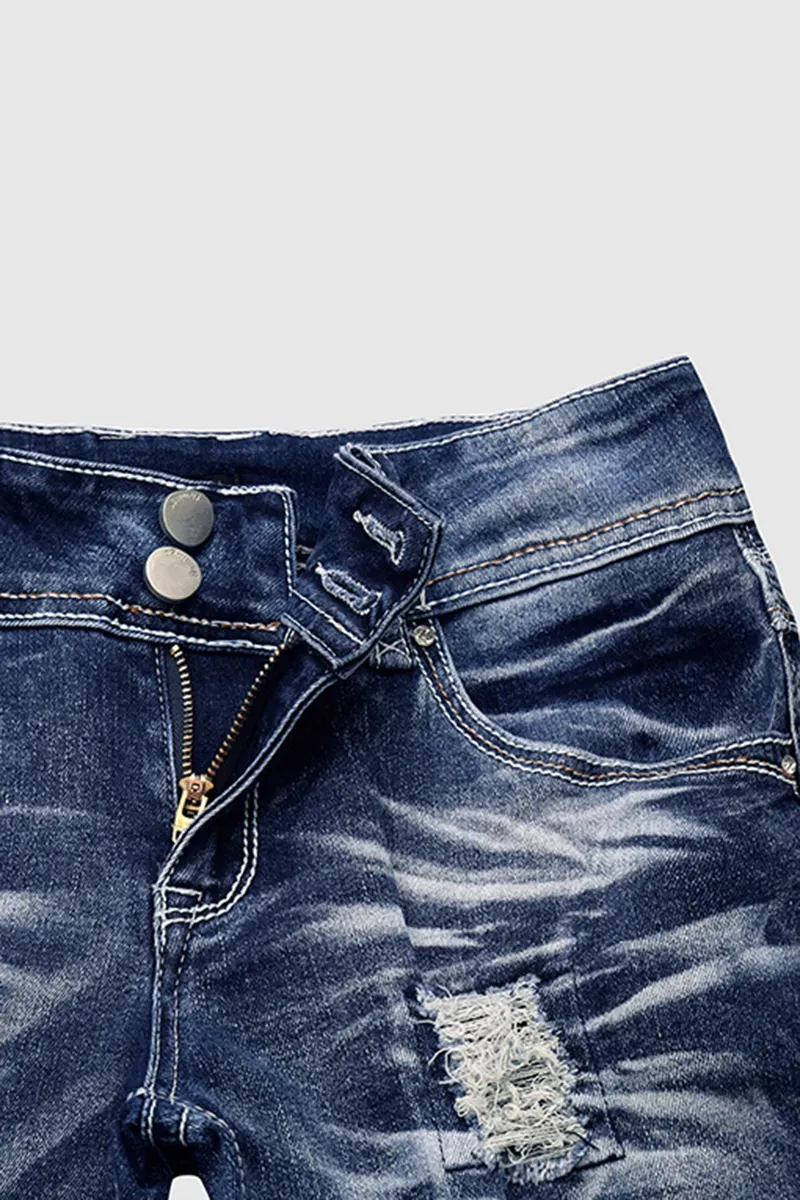 Ripped Contrast Stitch Mid Rise Bootcut Jeans
