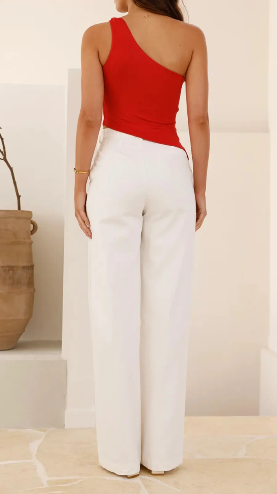 Red Slanted Neckline Top