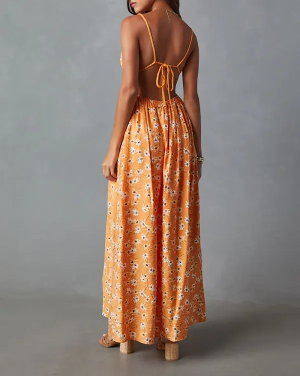 Braided Tie Floral Print Maxi Dress