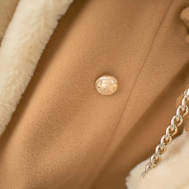 Faux fur trim notch collar double-breasted coat