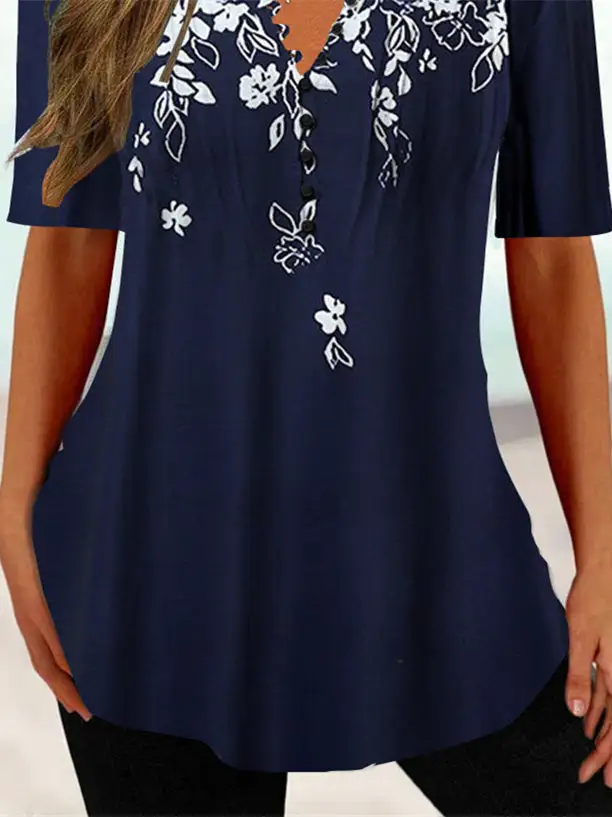 Women Half Sleeve V-neck Floral Printed Tops