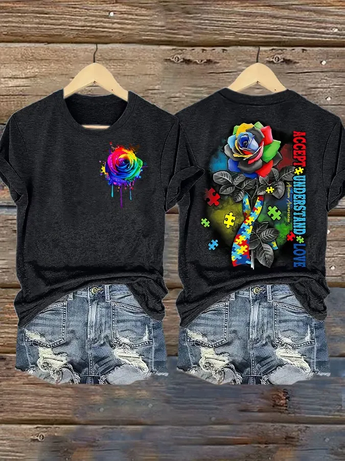 Women'S T-Shirt Women’S Retro Accept Understand Love Autism Awareness Print Short Sleeve Casual T-Shirt