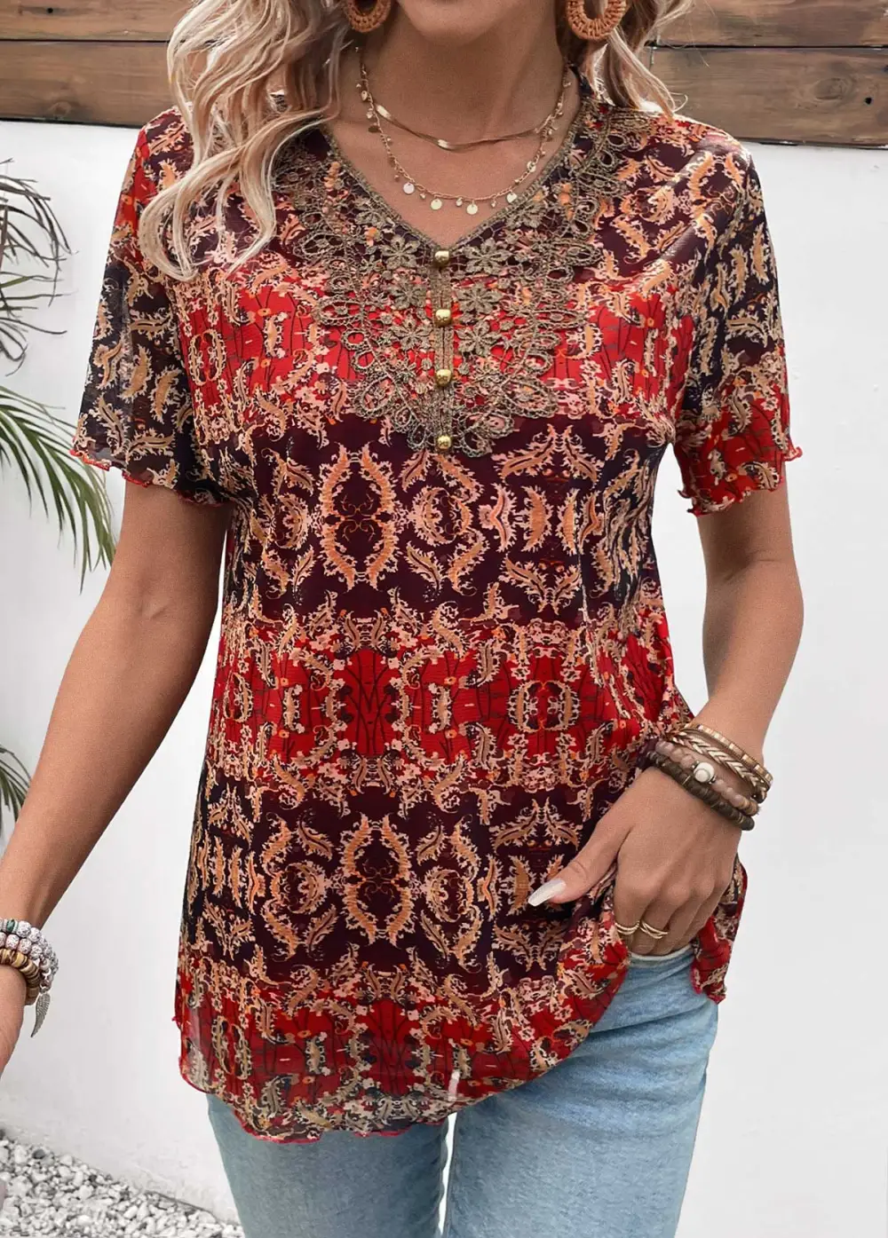 Multi Color Button Tribal Print Short Sleeve Blouse
