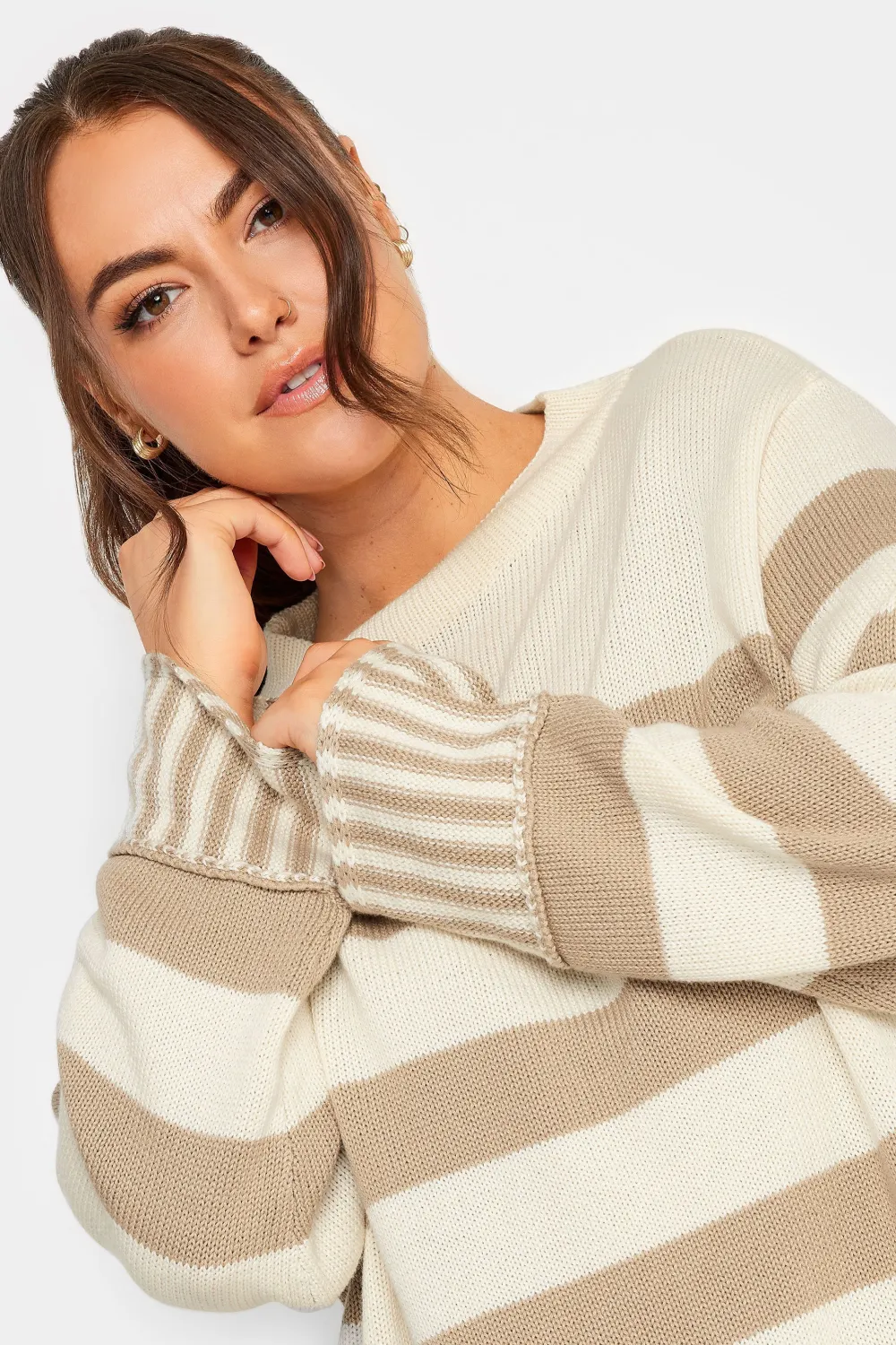 YOURS Curve Cream & Beige Stripe Jumper