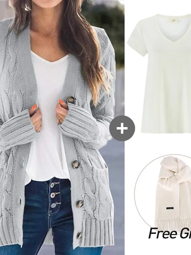Spring Outfits - Women's Sweater Cardigans & T-Shirt & Scarf Set Cable-Knit Buttoned Cardigan with Pockets and Blouse T shirt Tee Basic
