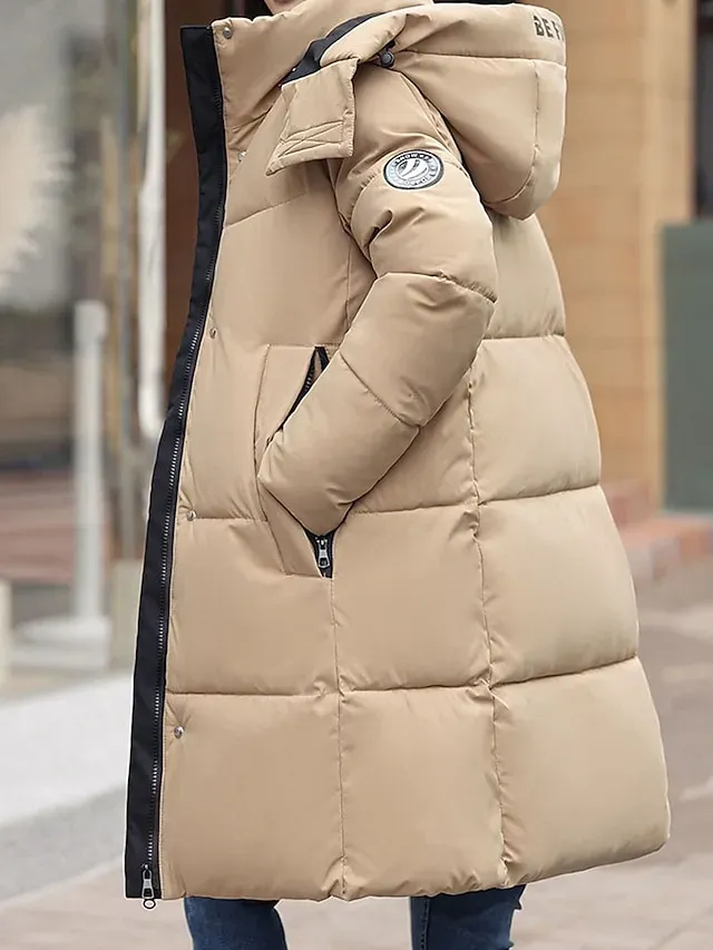 Women's Puffer Jacket Winter Long Parka Windproof Warm with Pocket Full Zip Hoodie Heated Jacket Modern Outdoor Street Khaki Regular Fit Outerwear Long Sleeve