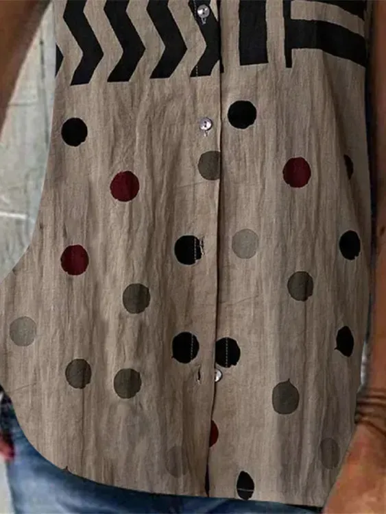 Women's Khaki V-neck Sleeveless Striped Polka Dot Top