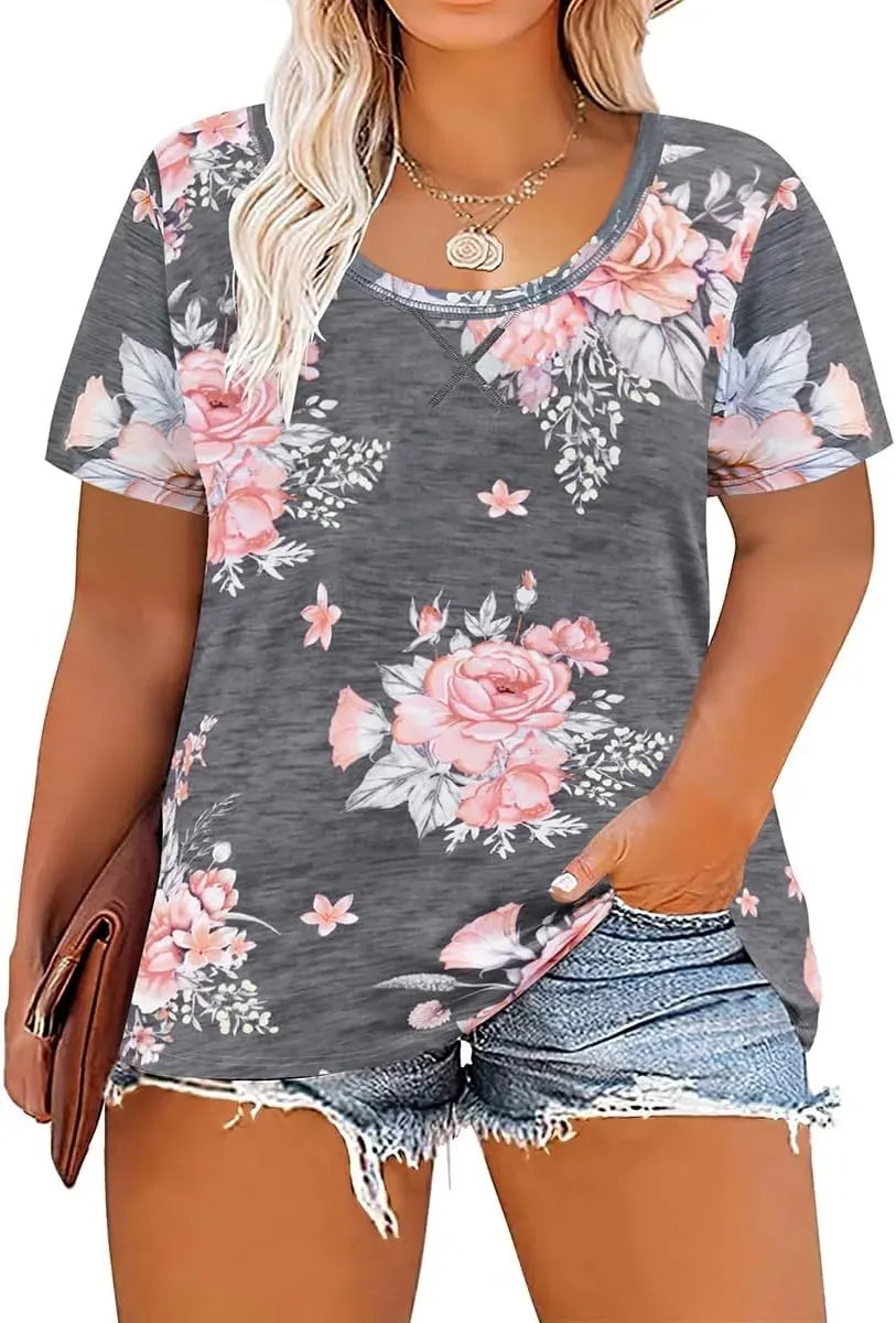 TIYOMI Plus Size T Shirt for Women Short Sleeve Tunic Cross Line Shirts Round Neck Tops Summer Blouse XL-5XL 14-28