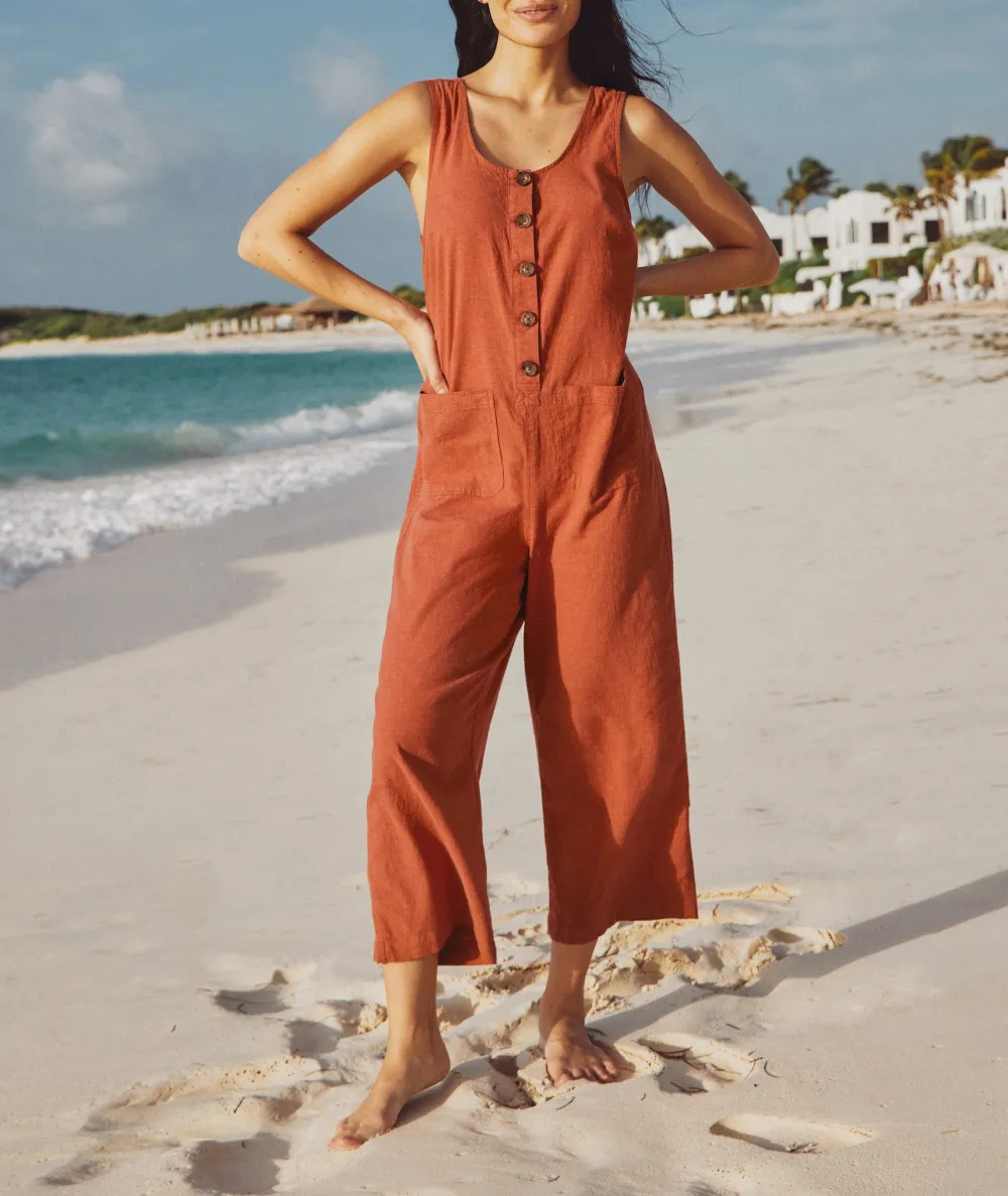 Button-Down Sleeveless Cotton Jumpsuit
