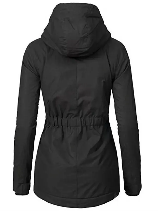 Women's Parka Fleece Lined Puffer Jacket Waterproof Windproof Winter Coat Fall Zipper Hooded Heated Jacket with Pocket Minimalism Outerwear Long Sleeve Black Army