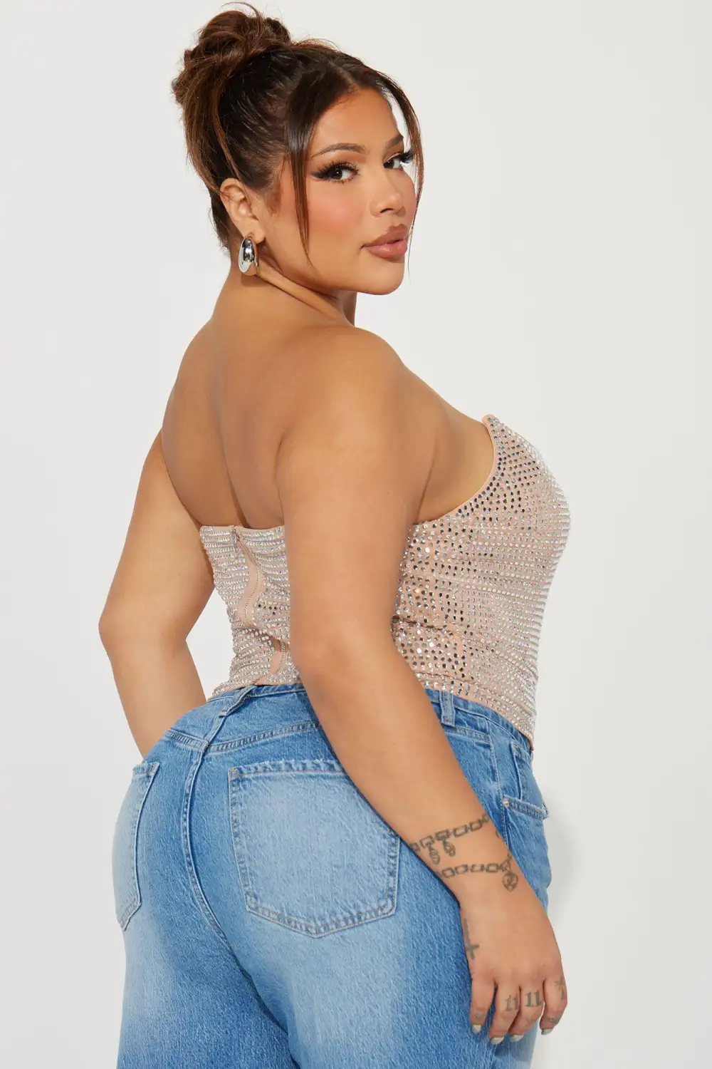 Rayna Rhinestone Mesh Corset Top - Nude shein