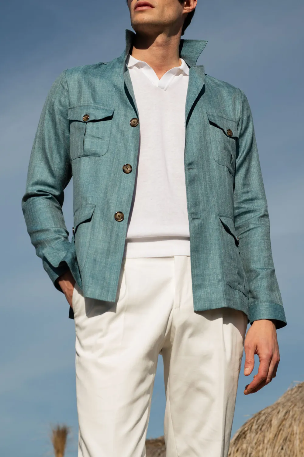 Water green Safari Jacket in  wool silk and linen