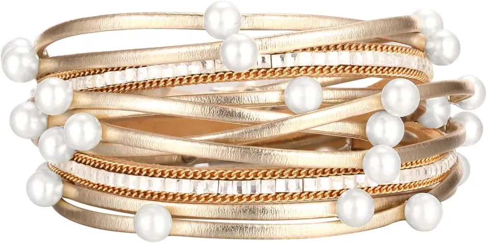 Fesciory Leather Wrap Bracelets for Women, Boho Leopard Multi-Layer Crystal Beads Cuff Bracelet Jewelry