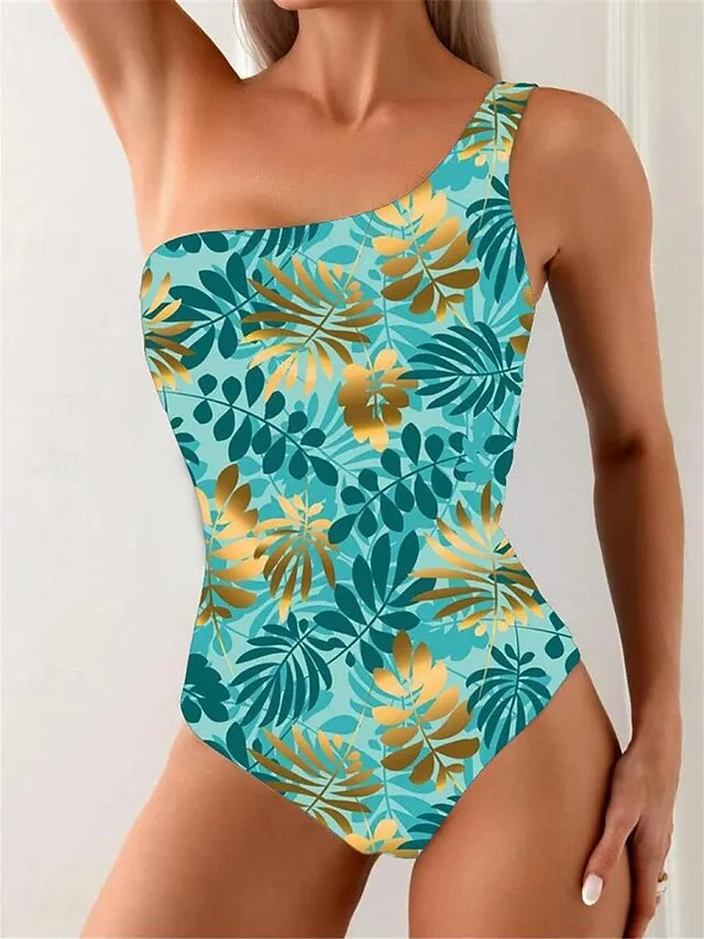 Women's Swimwear One Piece Monokini Bathing Suits Normal Swimsuit Open Back Printing High Waisted Leaves Sports Fashion Bathing Suits