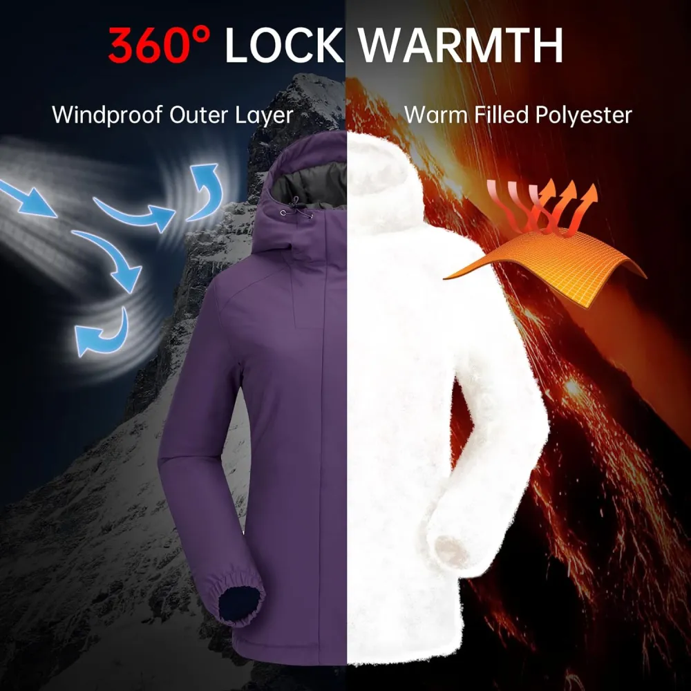 Women's Waterproof Mountain Ski Snow Jacket with Fleece Outdoor Windproof Raincoat Hooded for Fall and Winter