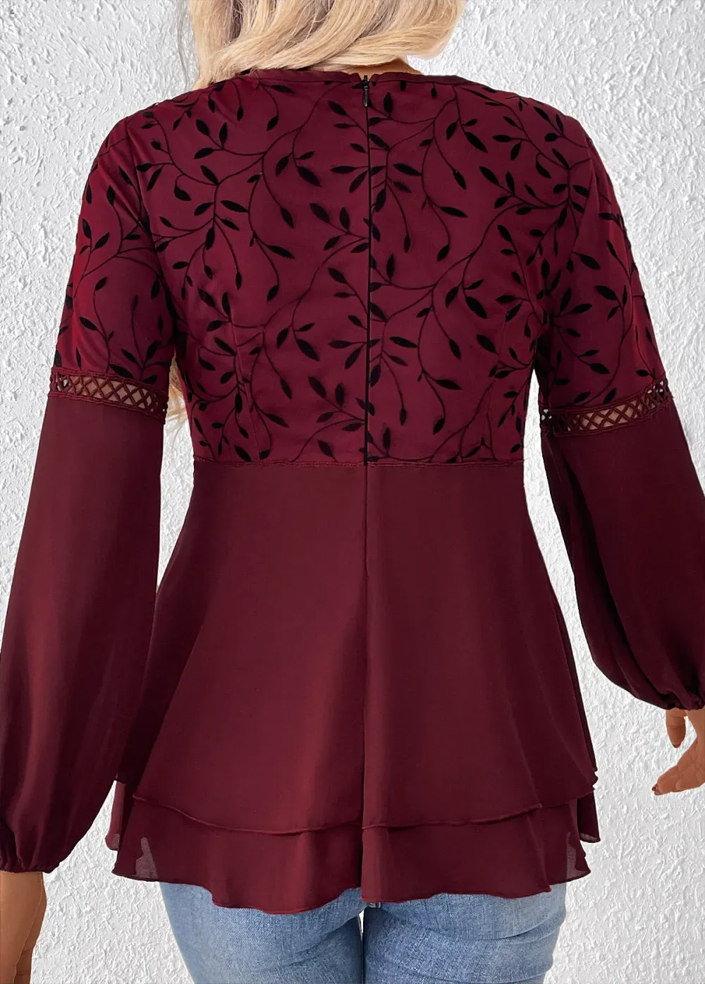 Wine Red Patchwork Leaf Print Long Sleeve Blouse
