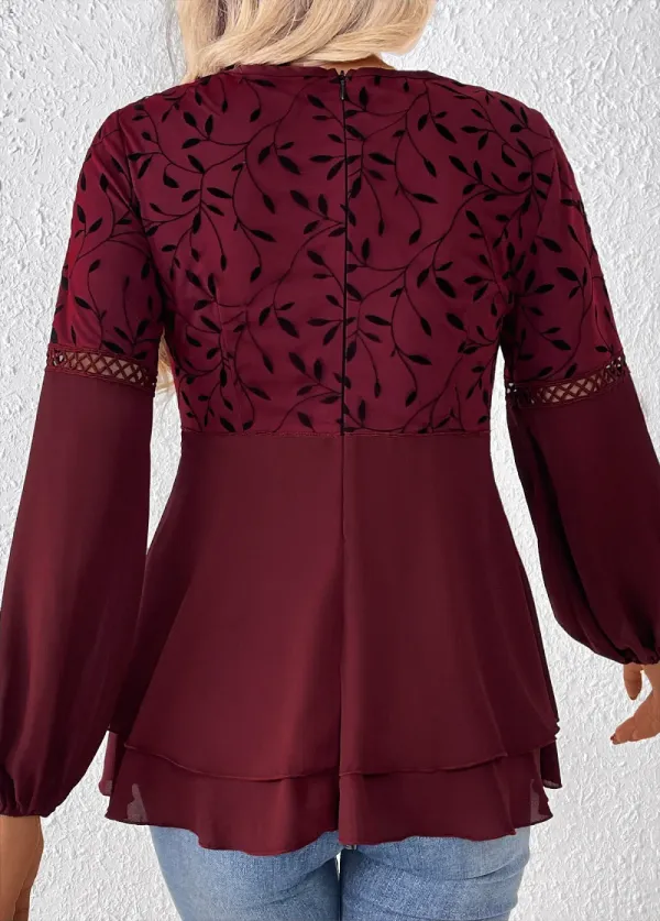 Wine Red Patchwork Leaf Print Long Sleeve Blouse