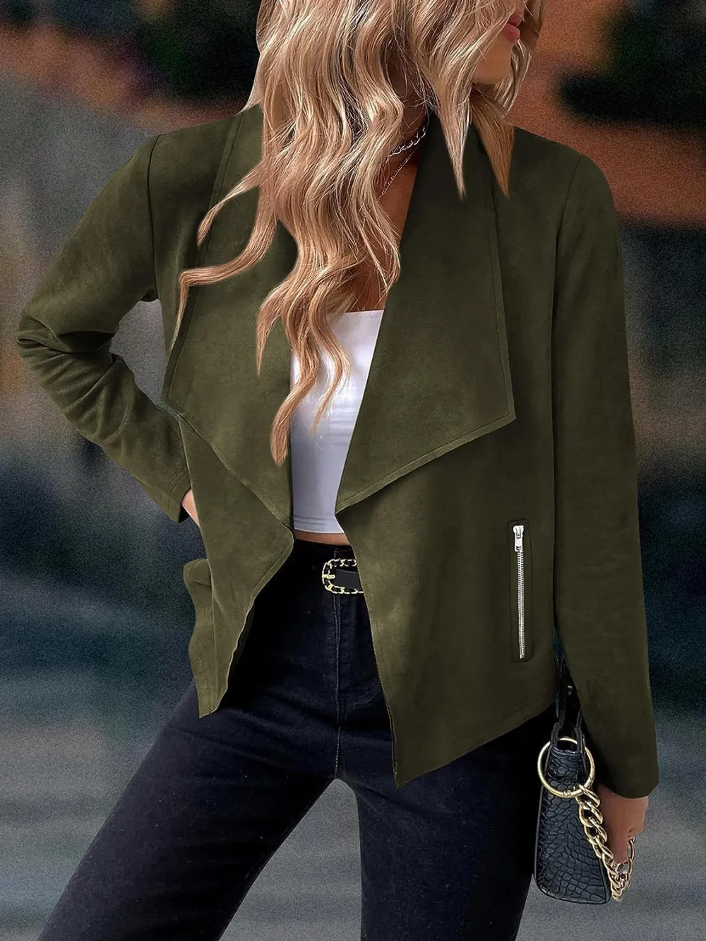 Women's Faux Suede Jackets 2023 Fall Clothes Long Sleeve Open Front Cropped Coat Outwear