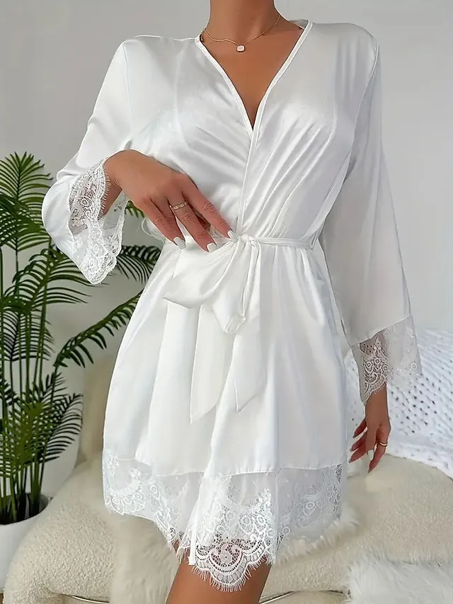 Women's Pajamas Bathrobe Nightgown Pure Color Simple Casual Comfort Home Daily Bed Polyester Breathable Plunging Neck Long Sleeve Fall Winter Lotus Pink Black