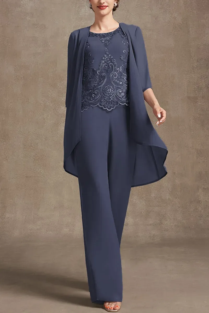 Plus Size Embroidery Chiffon Three Pieces Set Pant Suits
