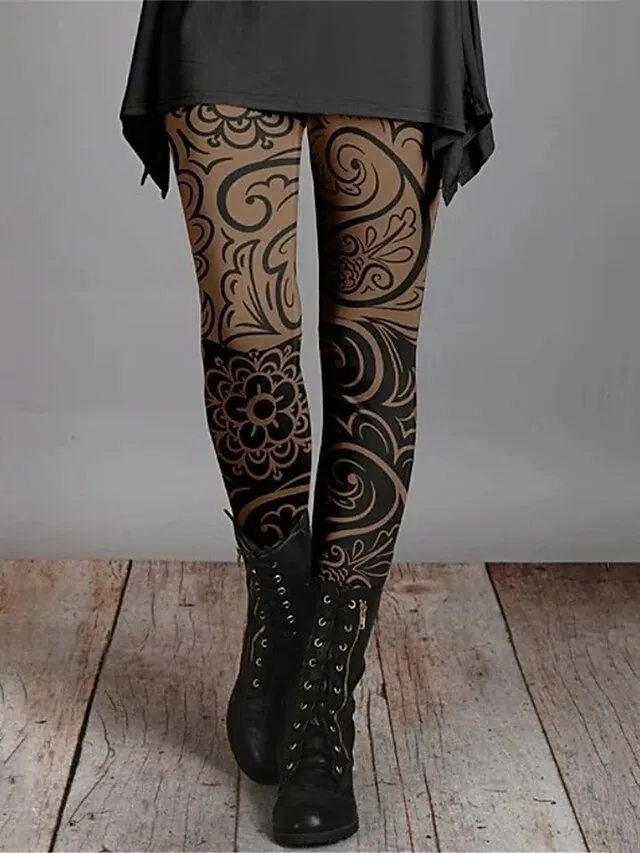 Women's Floral Pattern Leggings Full Length Print Micro-elastic High Waist Vintage Ethnic Style Halloween Daily Wear S 5XL Fall & Winter