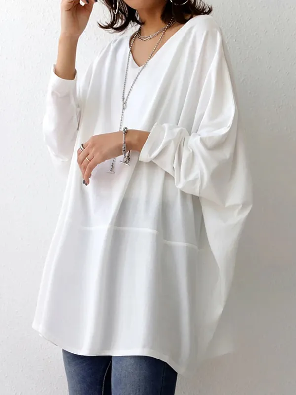 Simple Oversize Solid Color V-Neck Batwing Sleeve T-Shirts