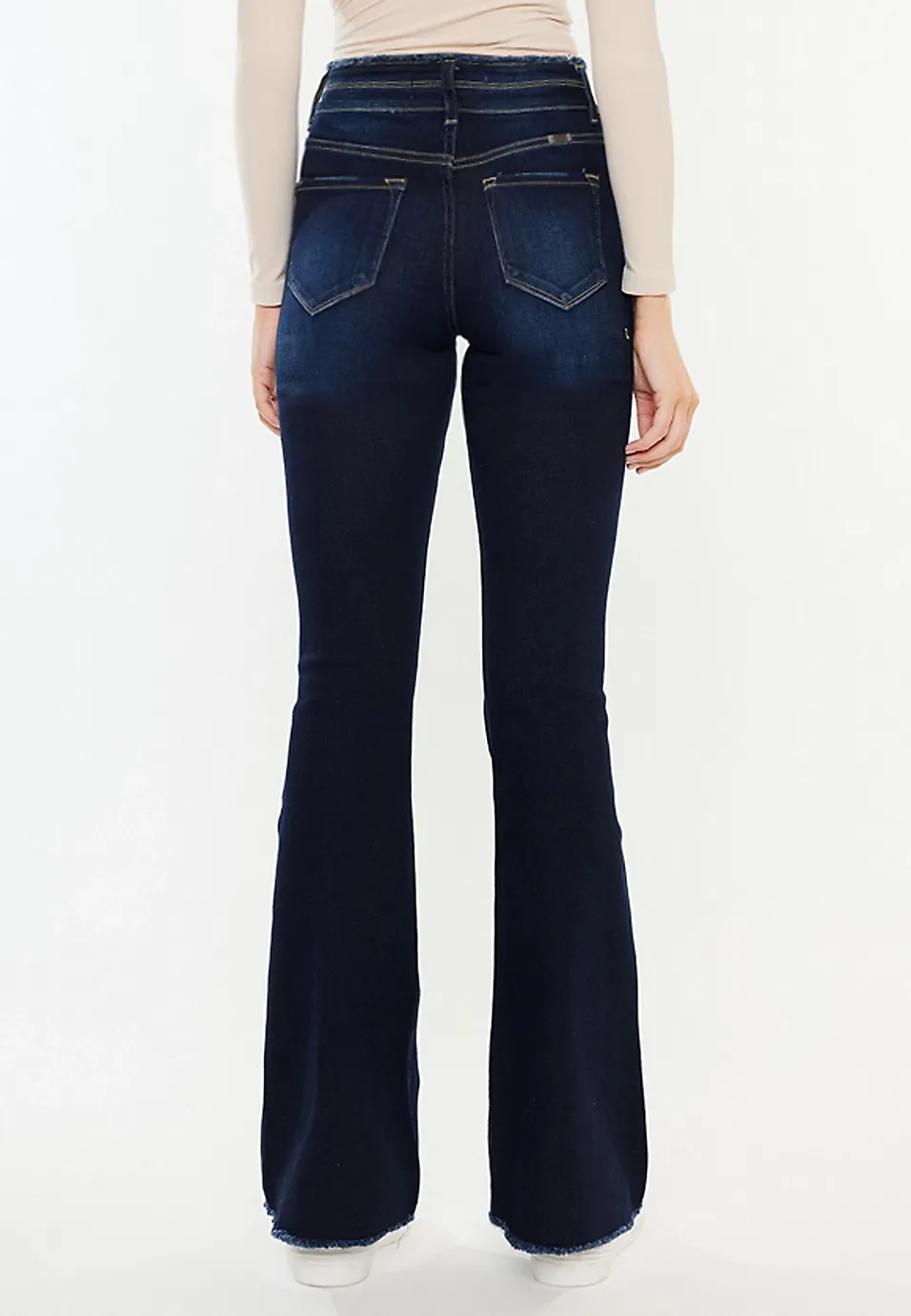 High Rise Double Button Fray Hem Flare Jean