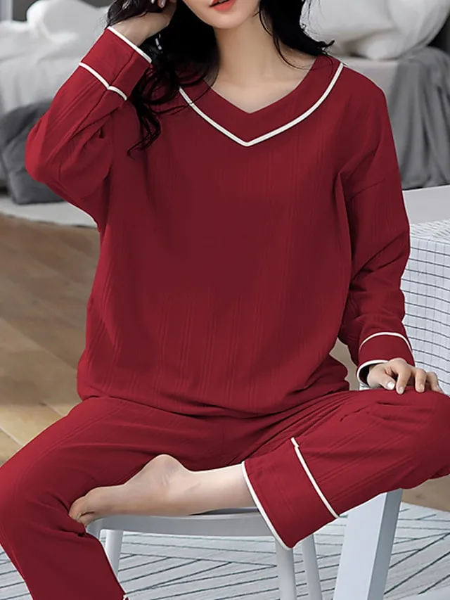 Women's Pajamas Nighty Pjs Sets 2 Pieces Pure Color Fashion Simple Comfort Home Daily Bed Cotton Breathable Gift V Wire Long Sleeve Pant Elastic Waist Basic Spring Fall Black Light Green