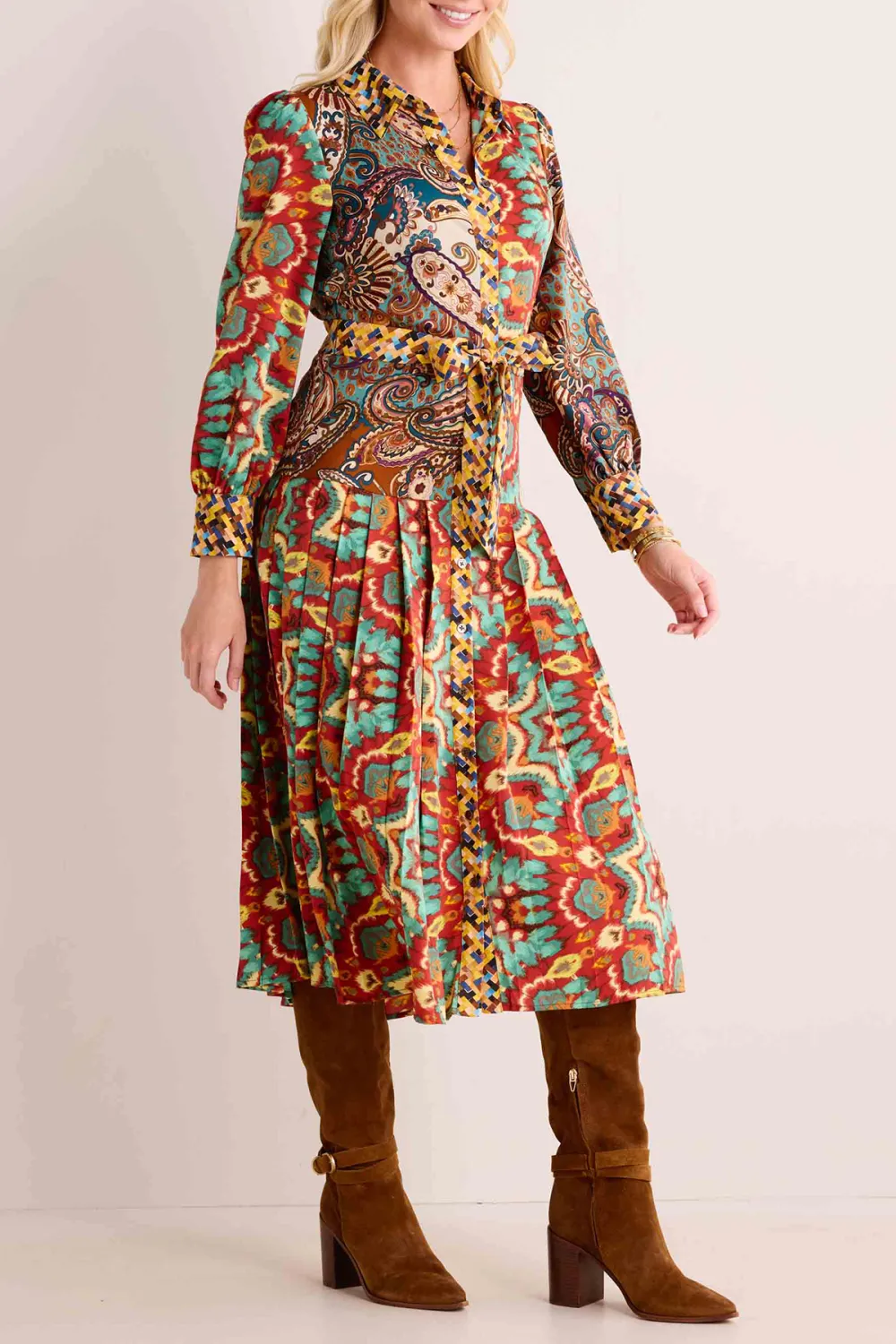 Multicolored Print Long Sleeve Flared Maxi Dress