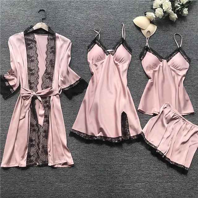 Women's Lace Satin Silk Pajamas Sets 4 Pcs Home Party Daily St.Patrick's Day Elastic Waist Pure Color Satin Simple Casual Soft Strap Top Shorts Fall Winter Spring Strap Short Sleeves Long Sleeve