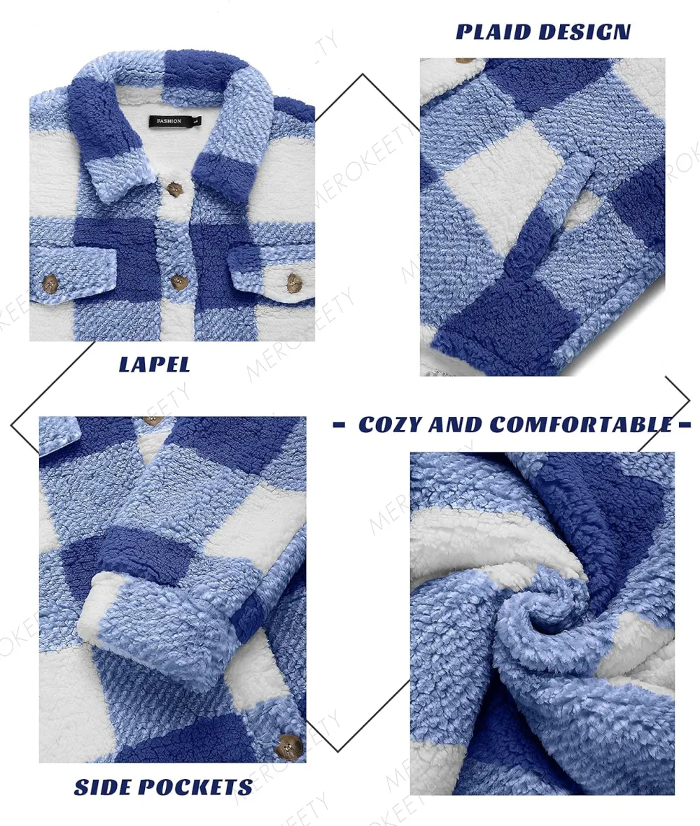 Women's Fleece Plaid Jacket Coats Button Down Lapel Sherpa Shacket Outwear with Pockets