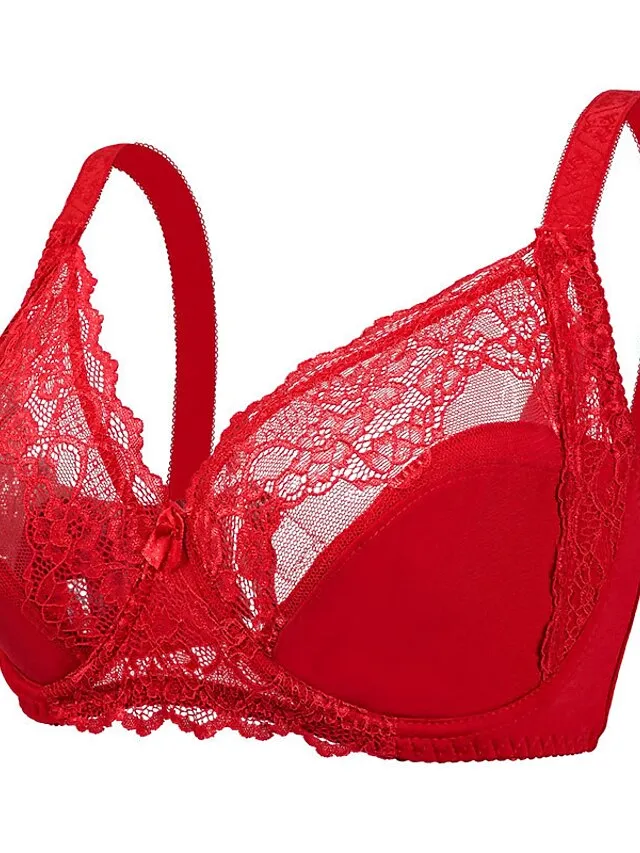 Women's Curve Plus Size Bra Solid Floral Lace Deep U Fall Winter Lace Bras 3/4 Cup Black White Red Big Size 85/38E 90/40E 95/42E 100/44E