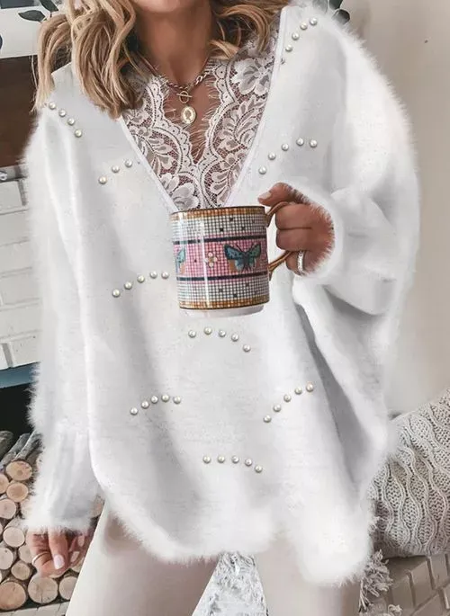 V-neckline Solid Color Casual Lace H-line Sweaters