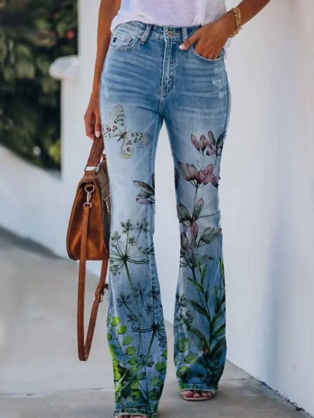 Women's Jeans Bootcut Flare Full Length Faux Denim Side Pockets Wide Leg High Elasticity Mid Waist Fashion Casual Weekend 31803 31806 S M