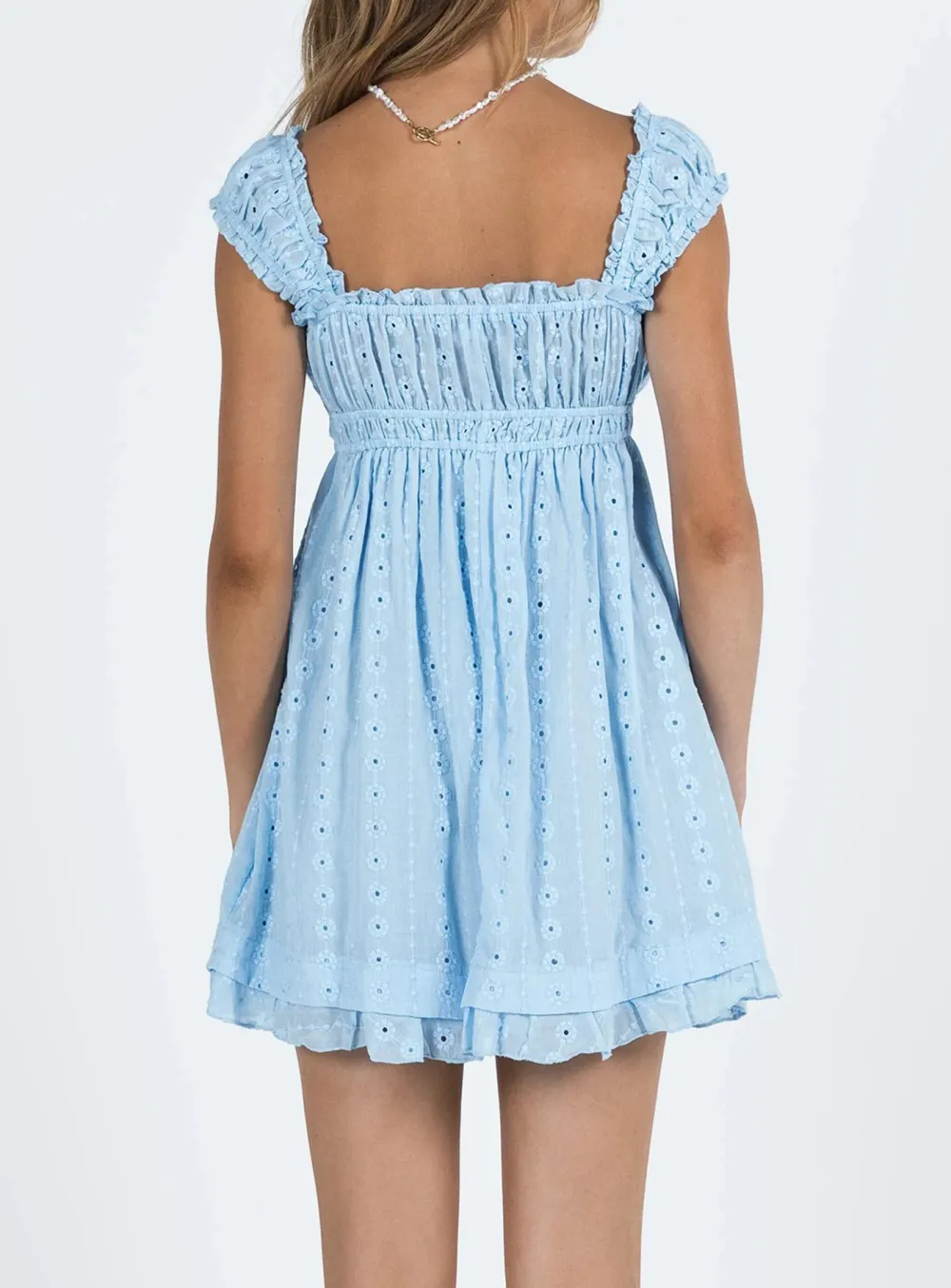 Yellow Square Neck Lace Trimmed Mini Dress