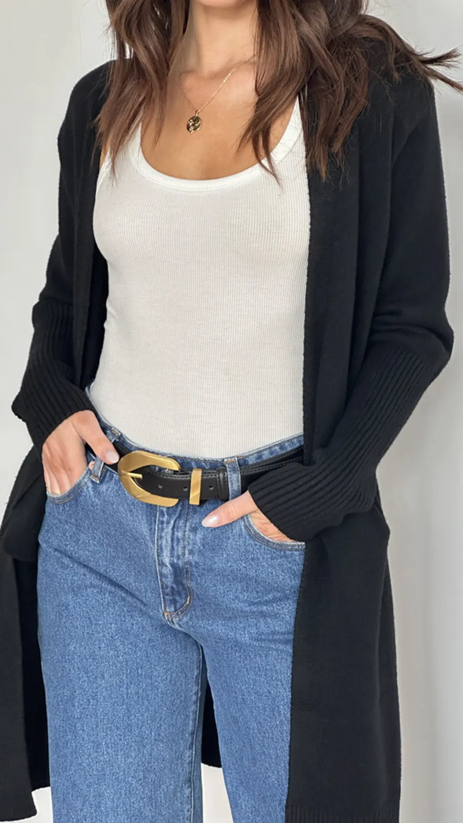 Black Knitted Mid-Length Coat With Pockets