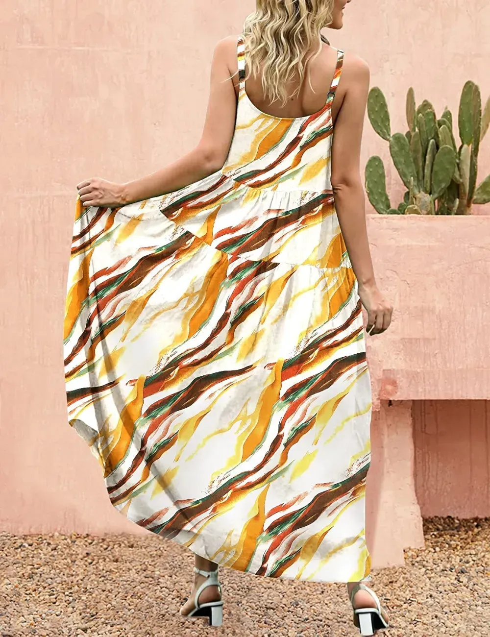 Summer Dresses for Women Casual Loose Bohemian Floral Dress with Pockets Spaghetti Strap Maxi Dress E75