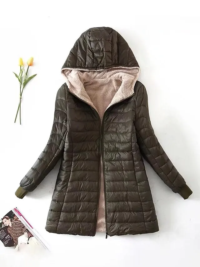 Women's Parka Quilted Coat Fleece Lined Sherpa Jacket Fall Long Coat Winter Puffer Jacket Windproof Warm Heated Coat Stylish Casual Jacket Long Sleeve Plain Full Zip Black