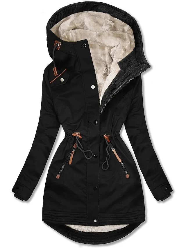 Women's Winter Coat Winter Jacket Parka Windproof Warm Street Casual Daily Casual Daily Zipper Button Zipper Hoodie Casual Street Style Plain Regular Fit Outerwear Long Sleeve Fall Winter Black Green